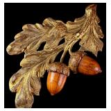 Large Gilded Metal and Carved Wood Oak Leaf and Acorn Brooch