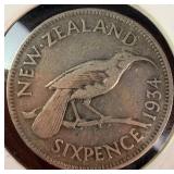 1934 NZ Silver Sixpence KM# 2