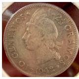 1942 Dominican Republic Silver 10 Centavos Coin