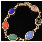 Vintage Yellow-Tone Multi-Gemstone Egyptian Revival Scarab Link Bracelet
