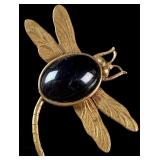 Vintage Gold-Toned Dragonfly Brooch with Black Cabochon