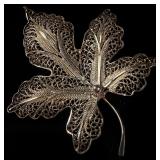Silver Filigree Maple Leaf Brooch with Rotating Safety Catch