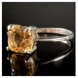 Sterling Silver Cushion Cut Yellow Gemstone Solitaire Ring