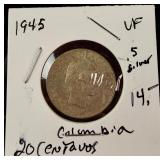 1945 CO 20 Centavos Silver Coin