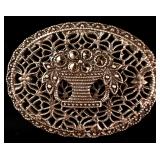 Sterling Silver Marcasite Flower Basket Openwork Brooch