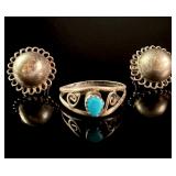 A Trio of Sterling Silver Jewelry Including a Turquoise Ring and a Pair of Domed Earrings