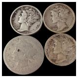 A Collection of Four US Coins Including Mercury Silver Dimes and an 1894 Liberty Head Nickel