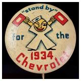 1934 Chevrolet Stand By Advertising Pinback Button by St. Louis Button Co.
