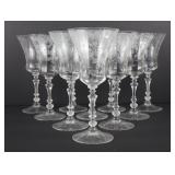 Set of Ten Cambridge Rose Point Etched Clear Glass Goblets