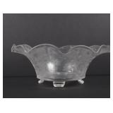11 Inch Acid Etched Glass Console Bowl with Ruffled Rim and Four Feet