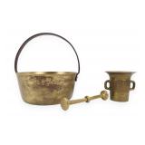 A Trio of Antique Brass Utilitarian Items Including a Large Pail, Mortar, and Pestle