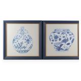 A Pair of Framed Watercolors of Ming-Style Blue and White Porcelains