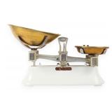 Antique Cast Metal and Enamel Balance Scale with Seven Brass Weights