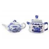 Two Blue and White Hand Painted Porcelain Teapots with Floral Decoration