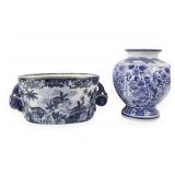 Two Blue and White Ceramic Vessels comprising an Earthenware Cachepot and a Porcelain Vase