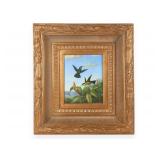 Naturalistic Oil on Canvas Painting of Hummingbirds and Tropical Flora in Ornate Gilded Frame
