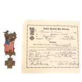 Spanish War Veterans Medal & Certificate Named