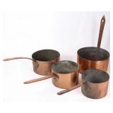 A COLLECTION OF 4 COPPER HAND WROUGHT POTS. Mostly Russian, 19th and early 20th centuries. Dovetail