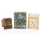 THREE TIN CHARITY CONTAINERS.