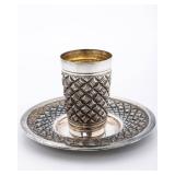 A STERLING SILVER KIDDUSH CUP AND PLATE BY HADDAD BROTHERS.