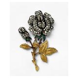 18K Yellow Gold w/ (2 CTTW) Diamond & Emerald Rose Brooch