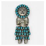 Gerald Mitchell Navajo Sterling Silver & Turquoise Kachina Brooch