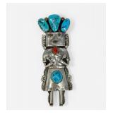 Navajo Sterling Silver, Turquoise, & Coral Kachina Pendant