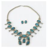 Native American Sterling & Turquoise Squash Blossom Necklace & Earrings