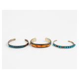(3) Navajo & Zuni Silver & Precious Stone Cuffs (As Is)