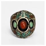 Richard Begay Turquoise & Carnelian Inlaid Sterling Mens Ring