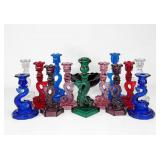 (13) 'Dolphin' Glass Candlesticks & (1) Bowl