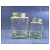 2 Vintage Green Glass Square Jars