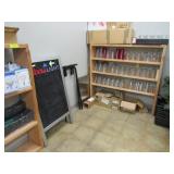 TWO WOODEN SHELVES WITH CONTENTS, GLASSES, ETC.