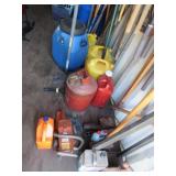 GAS CAN MISC. ON FLOOR CHAIN SAW