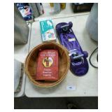 SKATEBOARD, RUBBER GLOVES, BASKET