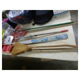 2 BROOMS, 2 LEAF RAKES, TOMATOE STAKES