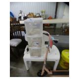 SHOWER CHAIR, STORAGE CABINET 2 OUTDOOR CHAIRS