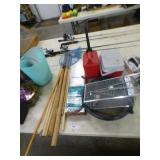 GAS CAN, TRAP, COOLER, WOOD DOWELS