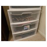 Three drawer storage tote with various fabric-