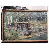 Vtg Oil Painting  Log  Cabin Scene           (Row