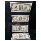 Lot of 4 Two Dollar Bills From a collection