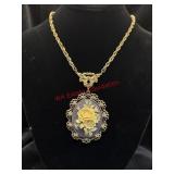 Long Chained Cameo Floral Pendant looks Vtg