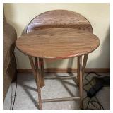 Two folding oak TV tray table one needs repairs