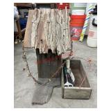 Birdhouse & wooden box with gardening tools