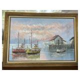 Framed harbor oil painting (garage side room)