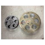 vintage metal film reels (Garage side room)