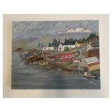 oil painting depicting a coastal fishing village