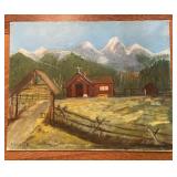Painting rural scene with a small red church