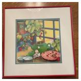 framed whimsical artwork depicting frogs (Dinning