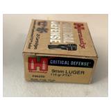 Box of Critical Defense 9mm Luger ammo